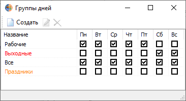 Диалоговое окно "Группы дней"