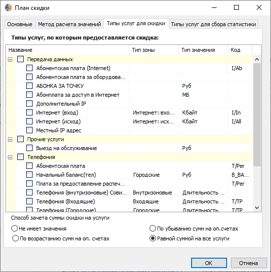 Вкладка "Типы услуг для скидки" диалогового окна "План скидки"