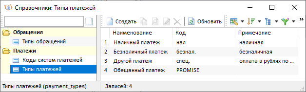 Справочники.Типы платежей 